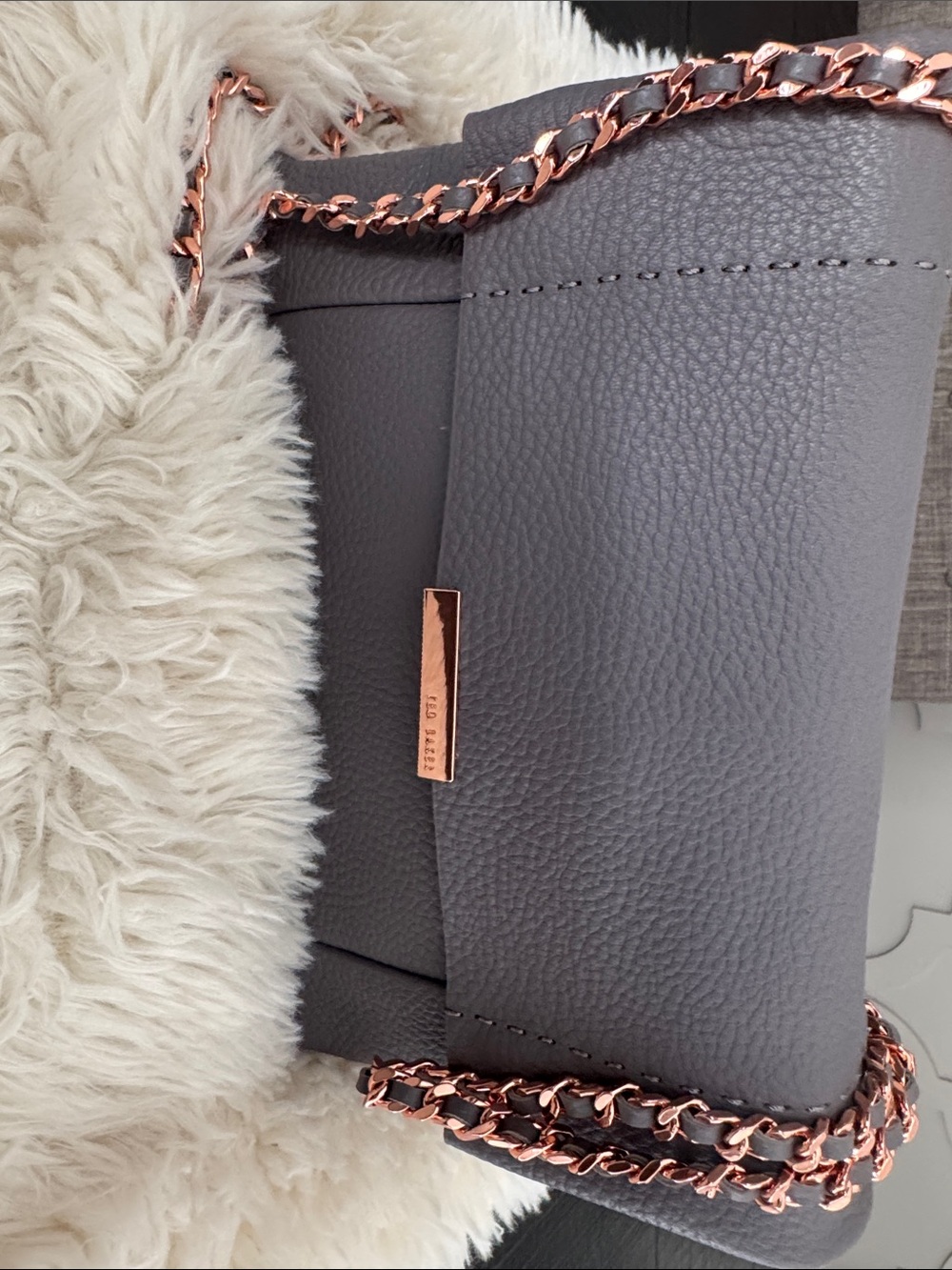 Ted Baker Gray Pebbled Leather Shoulder Bag with Rose Gold Chain
